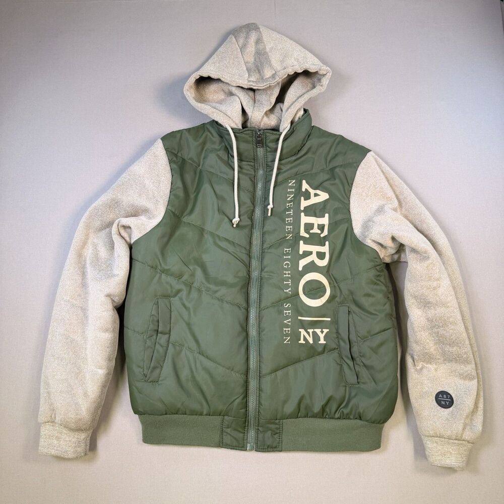 Aeropostale Jacket Mens Large Green/Tan Hooded Full Zip Puffer Sweatshirt Hybrid